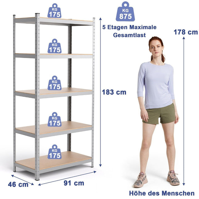 Uzglabāšanas plaukts, īpaši izturīgs plaukts, iespraužams plaukts, metāla plaukts, 5 līmeņi, darbnīcas plaukts, 91 x 46 x 183 cm, sudrabs