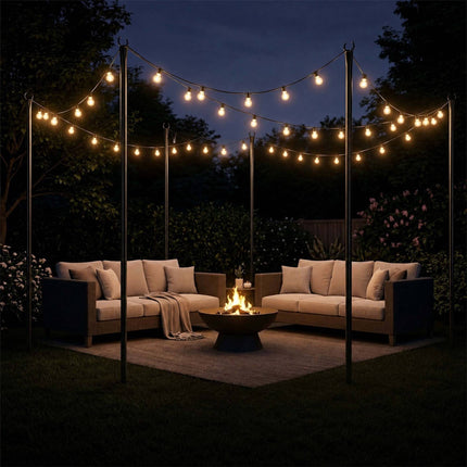 String Light Poles 3 m for Outdoor Fairy Lights, Black Powder-Coated Iron