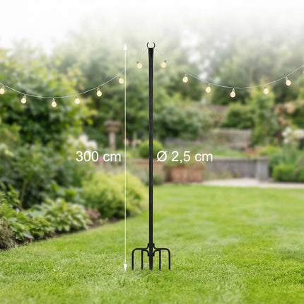 String Light Poles 3 m for Outdoor Fairy Lights, Black Powder-Coated Iron