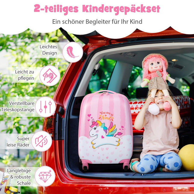 Čemodānu komplekts 2 daļas, vienradža formas 16 collu bērnu čemodāns + 12 collu mugursoma rozā krāsā