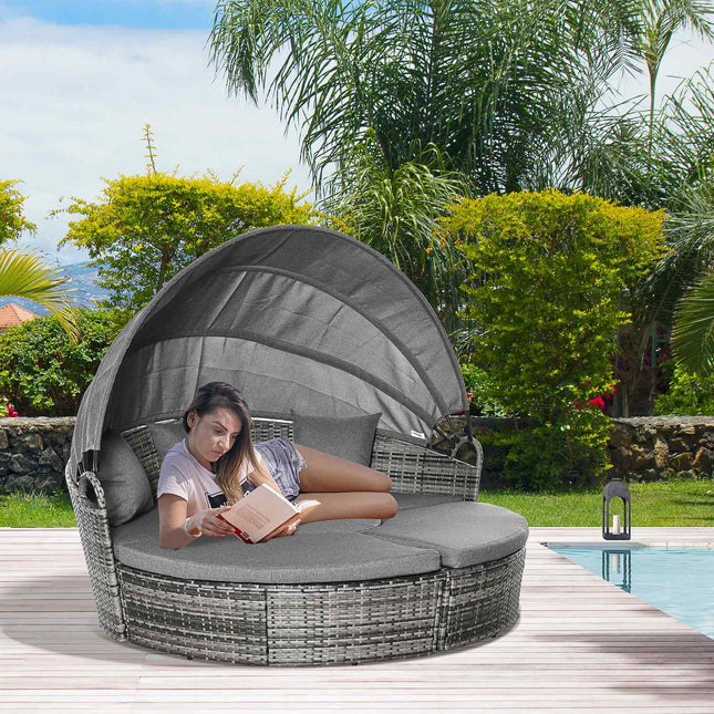 Sun Island rotangpalmas atpūtas mēbeļu komplekts ar saules nojumi, spilveniem un sānu galdiņu, regulējams augstums, metāls, pelēks, 175x180x147 cm