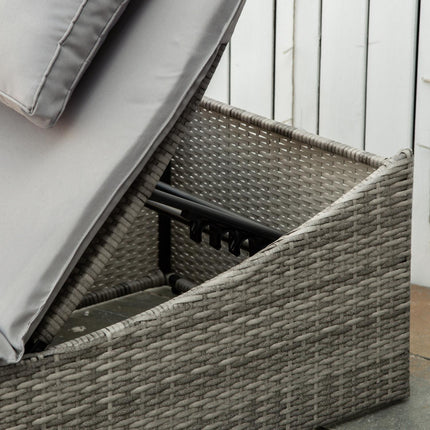 Adjustable sun lounger in the poly rattan with cushion, foldable 2-in-1 design
