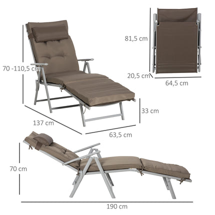 Sauļošanās krēsls, pludmales krēsls, dārza krēsls, salokāms, regulējams, ar spilvenu, dārza metāls, audums, brūns + sudrabs, 137 x 63,5 x 100,5 cm