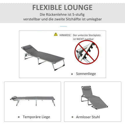 Sauļošanās krēsls, dārza krēsls, alumīnija auduma krēsls, relaksācijas krēsls, 5 virzienos regulējams, salokāms, ergonomisks, siets, pelēks, 170 x 60 x 76 cm