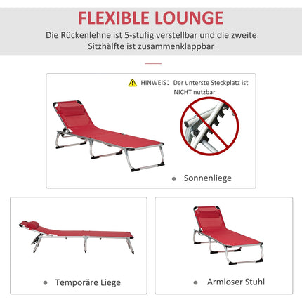 Sauļošanās krēsls, dārza krēsls, alumīnija auduma krēsls, relaksācijas krēsls, 5 virzienos regulējams, salokāms, ergonomisks, siets, sarkans, 170 x 60 x 76 cm