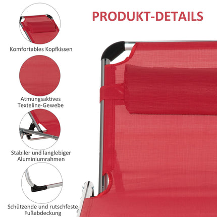Sauļošanās krēsls, dārza krēsls, alumīnija auduma krēsls, relaksācijas krēsls, 5 virzienos regulējams, salokāms, ergonomisks, siets, sarkans, 170 x 60 x 76 cm