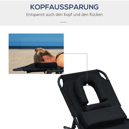 Sauļošanās krēsls, dārza krēsls, atpūtas krēsls, trīskāju krēsls ar lasīšanas logu, atveramu seju, melns