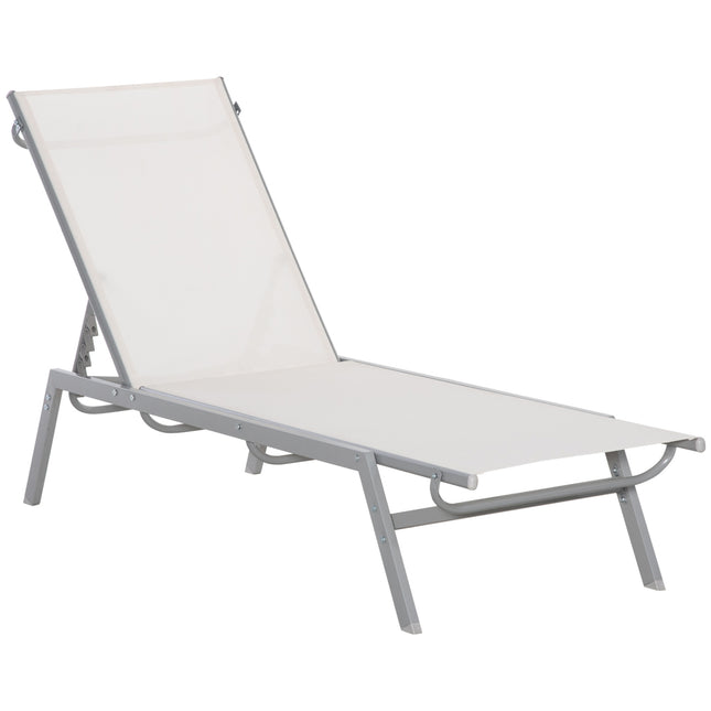 Sauļošanās krēsls ar dārza krēslu un spilvenu, dārzam, 5 līmeņu atzveltne, regulējama, metāla siets, krēmbalts, 170 x 58 x 97 cm