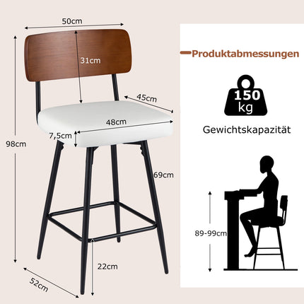 Grozāmie bāra krēsli, 2 gab. komplekts, balta mākslīgā āda, ergonomiski
