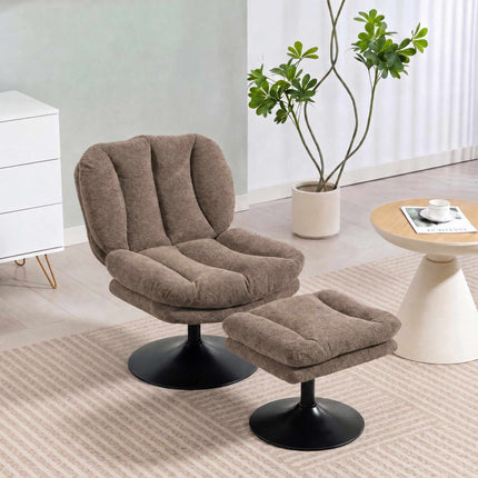 Swivel Lounge Chair with Height-Adjustable Footstool, Textured Velvet, Brown