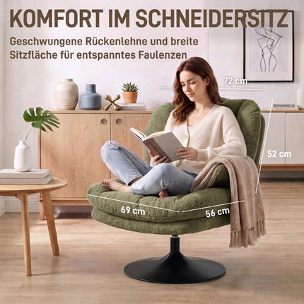 Swivel Lounge Chair with Height-Adjustable Footstool, Textured Velvet, Green