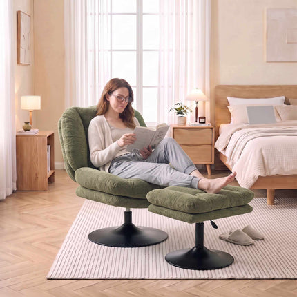 Swivel Lounge Chair with Height-Adjustable Footstool, Textured Velvet, Green