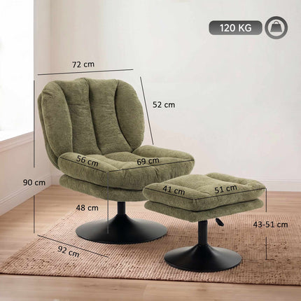 Swivel Lounge Chair with Height-Adjustable Footstool, Textured Velvet, Green