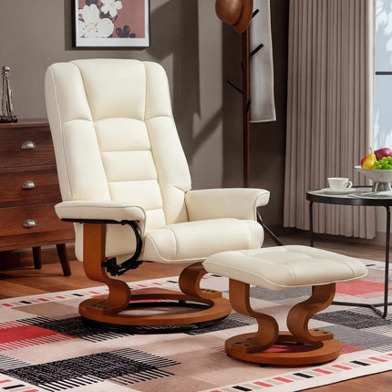 Swivel Recliner Chair with Footstool, Faux Leather, Up to 150 kg, Cream White
