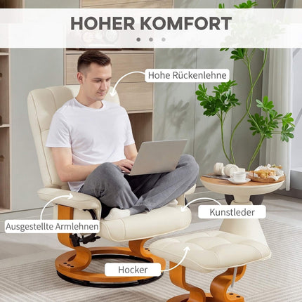 Swivel Recliner Chair with Footstool, Faux Leather, Up to 150 kg, Cream White