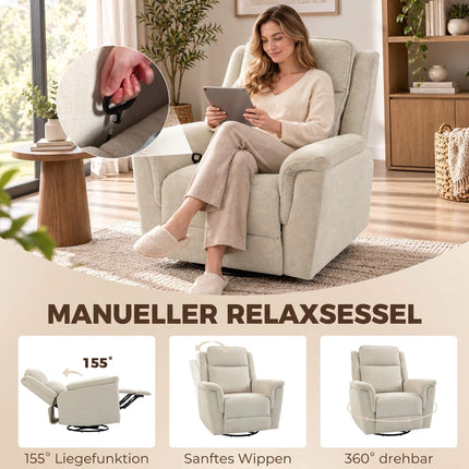 Swivel Rocking Recliner Chair with Footrest and 155° Recline, Cream White