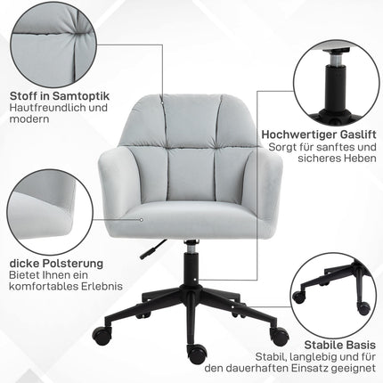 Height adjustable velvet desk chair - light grey, 120 kg capacity