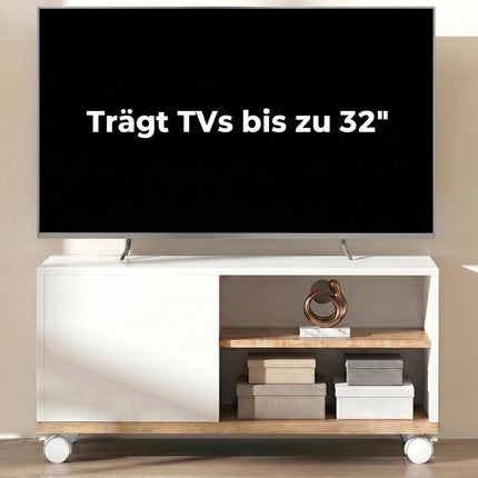 TV statīvs uz riteņiem ar bremzēm, regulējams plaukts, balts ozols