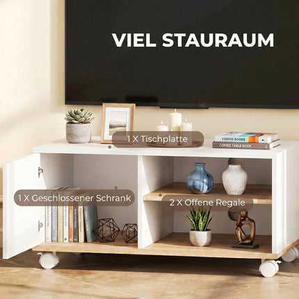 TV statīvs uz riteņiem ar bremzēm, regulējams plaukts, balts ozols