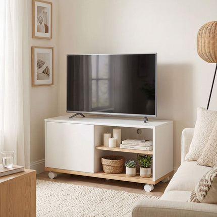 TV statīvs uz riteņiem ar bremzēm, regulējams plaukts, balts ozols