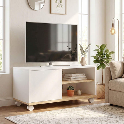 TV statīvs uz riteņiem ar bremzēm, regulējams plaukts, balts ozols