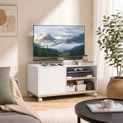 TV statīvs uz riteņiem ar bremzēm, regulējams plaukts, balts ozols