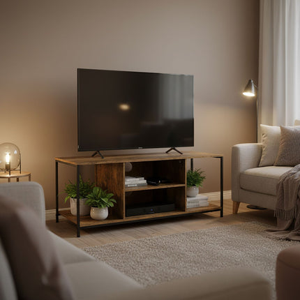 TV statīvs ar 4 nodalījumiem, koka imitācijas apdare