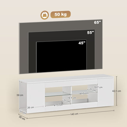 TV statīvs ar 6 plauktiem, 2 stikla plauktiem, 140 cm, balts