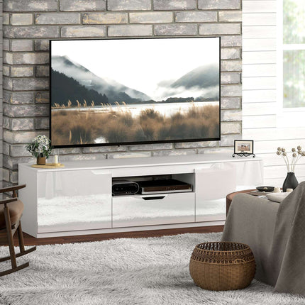 Zemais TV skapītis ar 2 durvīm, atvilktni, 160 cm garš TV statīvs televizoriem līdz 65 collām, TV skapis ar kabeļu pārvaldību viesistabai, balts