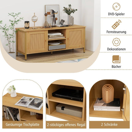 TV skapītis, zems rotangpalmas pamatnes galdiņš ar 2 durvīm un atvērtiem plauktiem, TV statīvs televizoriem līdz 55 collām, 120 x 40 x 48 cm