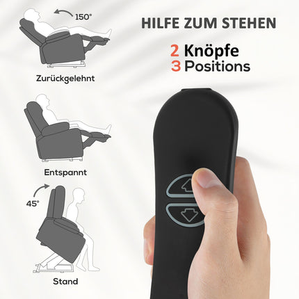 TV krēsls ar stāvēšanas palīglīdzekli, elektriskais relaksācijas krēsls ar atgāšanas funkciju, vibrācijas masāžu, sildīšanas funkciju, TV krēsls ar kabatas atsperes serdi, sānu kabatu un tālvadības pulti, tumši pelēks