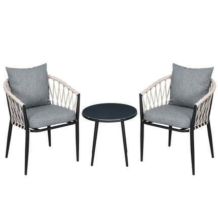 Balcony set - Steel table & 2 chairs with cushions, grey