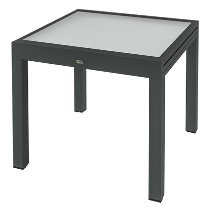 Lielā dārza izvelkamais galds. Izmēri: 160 cm garums x 80 cm platums x 75 cm augstums. Alumīnijs, tumši pelēka virsma, caurspīdīgs rūdīts stikls.
