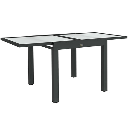 Lielā dārza izvelkamais galds. Izmēri: 160 cm garums x 80 cm platums x 75 cm augstums. Alumīnijs, tumši pelēka virsma, caurspīdīgs rūdīts stikls.