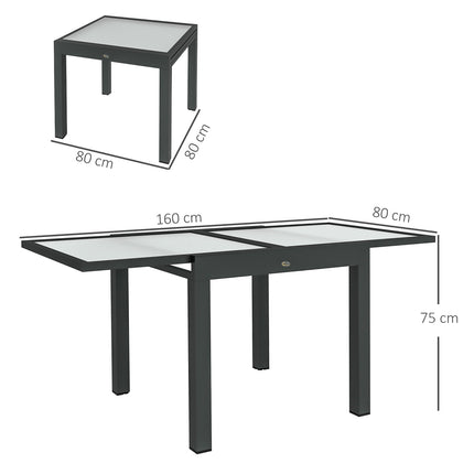 Lielā dārza izvelkamais galds. Izmēri: 160 cm garums x 80 cm platums x 75 cm augstums. Alumīnijs, tumši pelēka virsma, caurspīdīgs rūdīts stikls.