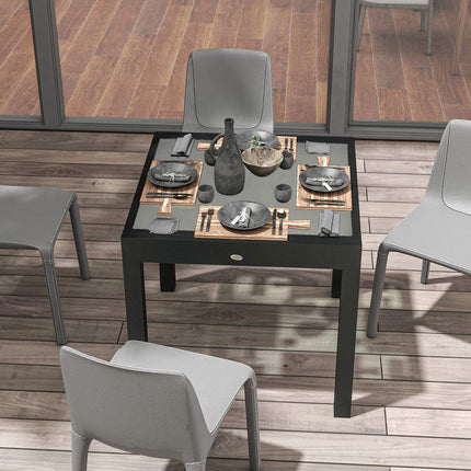 Lielā dārza izvelkamais galds. Izmēri: 160 cm garums x 80 cm platums x 75 cm augstums. Alumīnijs, tumši pelēka virsma, caurspīdīgs rūdīts stikls.