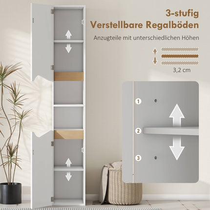 Augsts vannas istabas skapis, balts, 2 durvis, 2 atvērti plaukti, regulējami plaukti