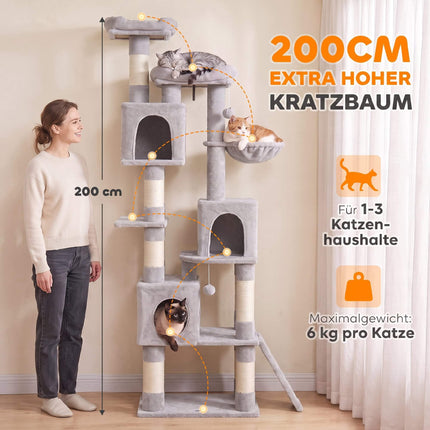 Augsta kaķu māja, 200 cm ar gultām, šūpuļtīkls, 3 kaķiem