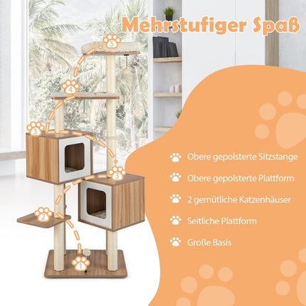 Augsta kaķu māja ar sizala stabiem un plīša spilveniem