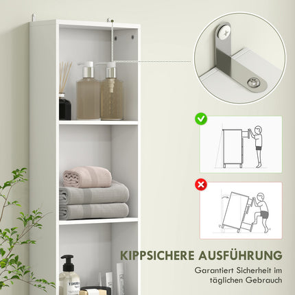 Tall bathroom cabinet, slim design, drawer, shelves, cupboard, chipboard, white