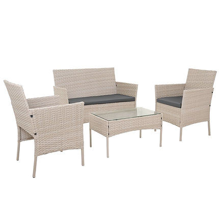 Technorattan Garden Furniture Set with Sofa and 2 Armchairs, Glass Table, Beige