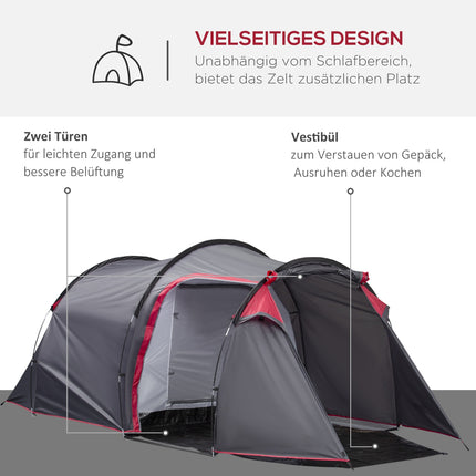 Telts 2-3 personām 190T tuneļa telts kempinga telts ar mietiņiem, stiklšķiedras poliesters, pelēka 426 x 206 x 154 cm