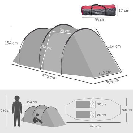 Telts 2-3 personām 190T tuneļa telts kempinga telts ar mietiņiem, stiklšķiedras poliesters, pelēka 426 x 206 x 154 cm