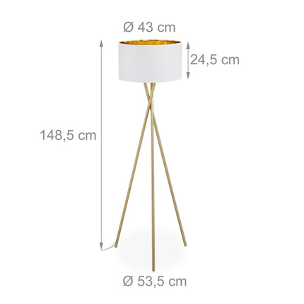 Trīs kāju grīdas lampa baltā un zelta krāsā