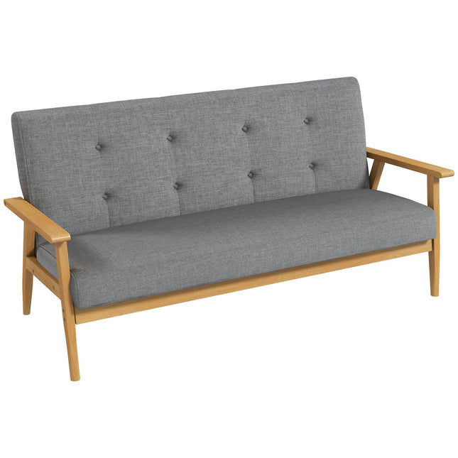 Three-Seater Grey Sofa, Linen Upholstery, Rubberwood Frame