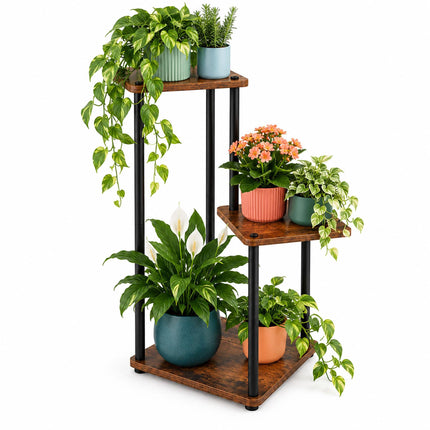 Tiered Plant Stand with 3 Square Shelves, Iron and MDF – 78 cm, Dark Brown