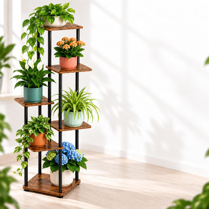 Tiered Plant Stand with 4 Square Shelves, Iron and MDF – 80 cm, Dark Brown