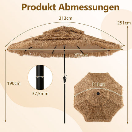 Tiki salmu lietussargs ar saules enerģijas LED gaismām, 313 cm