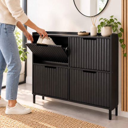 Tilt-Out Shoe Cabinet with 4 Compartments, Ribbed Front, Black, Up to 8 Pairs
