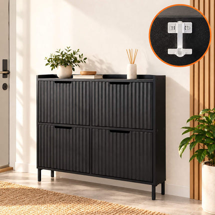 Tilt-Out Shoe Cabinet with 4 Compartments, Ribbed Front, Black, Up to 8 Pairs